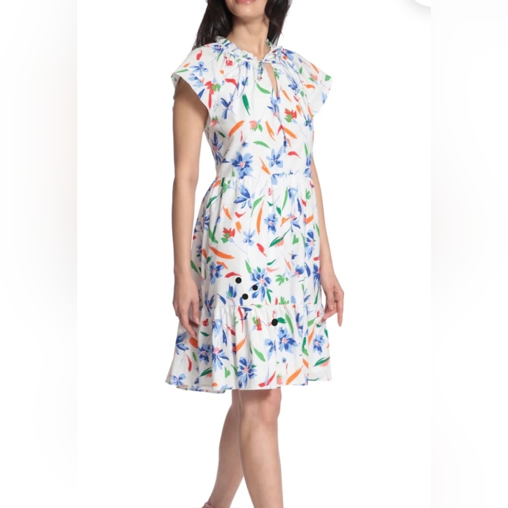 Maggy London Women's Tie Neck Flutter Sleeve Tier Hem DressSize 0